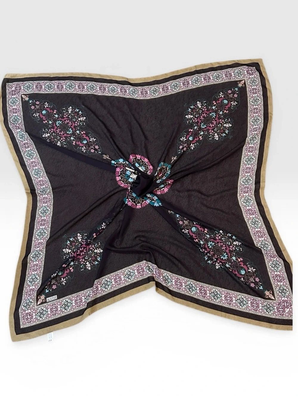 Eggplant Plum Scarf Floral Beige Border Teal Pink Lightweight Wrap by Alvise